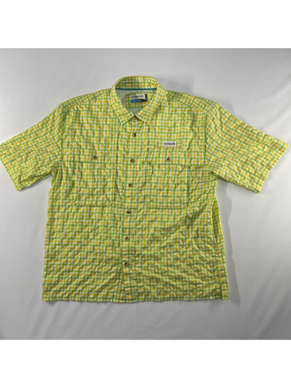 Magellan Outdoors Shirt Mens XL Fish Gear Flap Green Yellow Wicking Fit Vent
